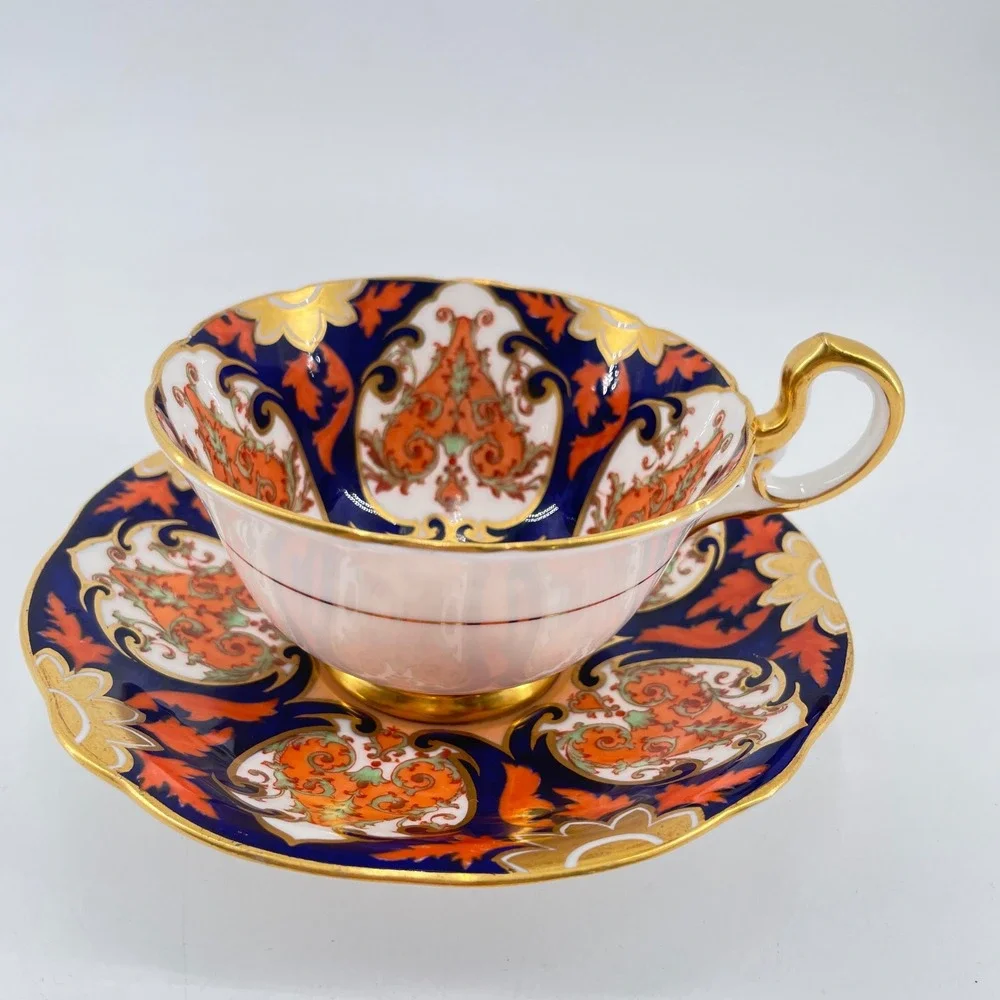 Aynsley Imari Teacup Saucer Set Blue Orange Gold Gilt 6879 Bone China England
